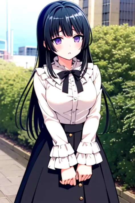 ((masterpiece, best quality)),very detailed, simple eyes,outdoors,1girl,medium breasts,<lora:rinko:1>,rinko shirokane, black_skirt, casual , breasts, frills, long_hair, long_sleeves, looking_at_viewer, purple_eyes,long skirt,black skirt