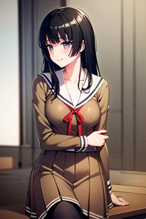 ((masterpiece, best quality)),very detailed, simple eyes,class room,1girl,(pantyhose),medium breasts,<lora:rinko:1>,rinko shirokane ,black_hair, blush, buttons,brown shirt,brown skirt, collarbone, dress, hanasakigawa_school_uniform, facing_viewer, long_hair, long_sleeves, red_ribbon, ribbon, sailor_collar, school_uniform, smile,