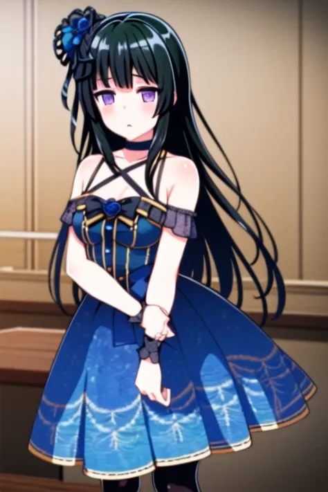 ((masterpiece, best quality)),very detailed, simple eyes,class room,1girl,(pantyhose),medium breasts,<lora:rinko:1>,rinko shirokane , bangs, bare_shoulders, black_hair, slight worry , blue_bow, blue_dress, blue_flower, blue_rose, bow, dress, flower, hair_flower, hair_ornament, halterneck, long_hair, purple_eyes, purple_rose, rose,wrist_cuffs