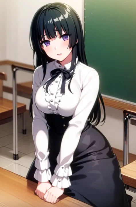 ((masterpiece, best quality)),very detailed, simple eyes,class room,1girl,(pantyhose),medium breasts,<lora:rinko:1>,rinko shirokane, black_skirt, casual , breasts, frills, long_hair, long_sleeves, looking_at_viewer, purple_eyes, skirt