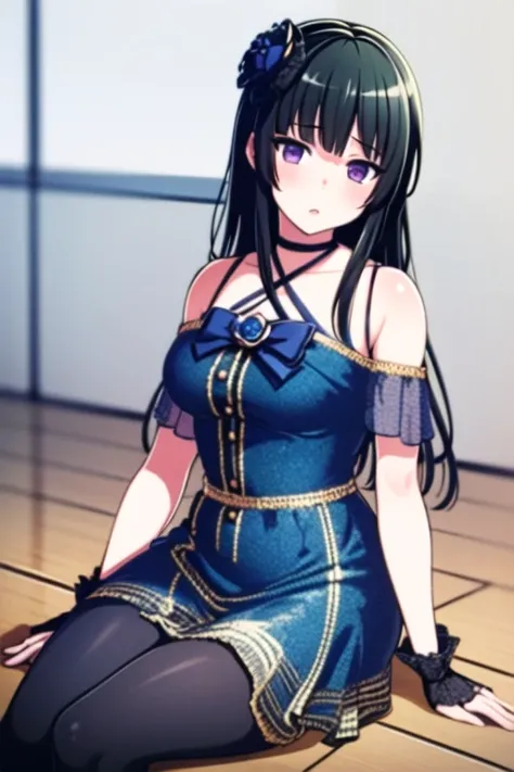 ((masterpiece, best quality)),very detailed, simple eyes,1girl,sitting,(pantyhose),medium breasts,<lora:rinko:1>,rinko shirokane , bangs, bare_shoulders, black_hair, slight worry , blue_bow, blue_dress, blue_flower, blue_rose, bow, dress, flower, hair_flower, hair_ornament, halterneck, long_hair, purple_eyes, purple_rose, rose,wrist_cuffs