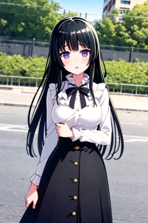 ((masterpiece, best quality)),very detailed, simple eyes,outdoors,1girl,medium breasts,<lora:rinko:1>,rinko shirokane, black_skirt, casual , breasts, frills, long_hair, long_sleeves, looking_at_viewer, purple_eyes,long skirt,black skirt