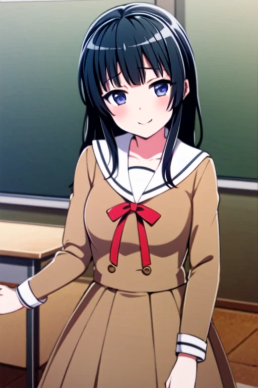 ((masterpiece, best quality)),very detailed, simple eyes,class room,1girl,medium breasts,<lora:rinko:1>,rinko shirokane ,black_hair, blush, buttons,brown shirt,brown skirt, collarbone, dress, hanasakigawa_school_uniform, facing_viewer, long_hair, long_sleeves, red_ribbon, ribbon, sailor_collar, school_uniform, smile,