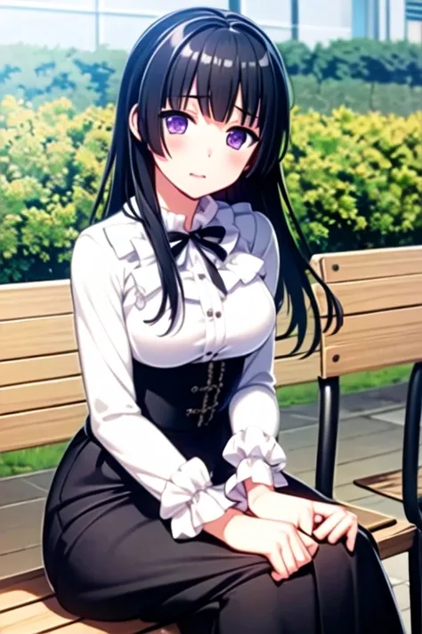 ((masterpiece, best quality)),very detailed, simple eyes,outdoors,1girl,sitting,medium breasts,<lora:rinko:1>,rinko shirokane, black_skirt, casual , breasts, frills, long_hair, long_sleeves, looking_at_viewer, purple_eyes,long  skirt
