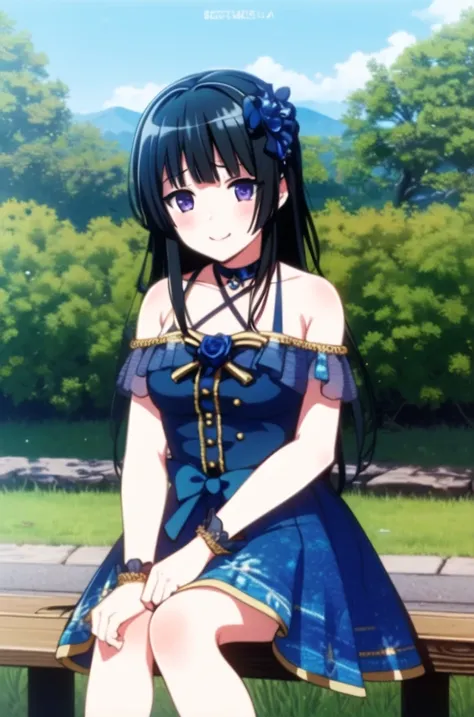 ((masterpiece, best quality)),very detailed, simple eyes, outdoors,1girl,sitting,medium breasts, <lora:rinko:1>,rinko shirokane , black_eyes, slight worry , black_hair, blue_bow, blue_dress, blue_flower, blue_ribbon, blue_rose, bow, collarbone, dress, flower, full_body, hair_flower, hair_ornament, long_hair, looking_at_viewer, smile,