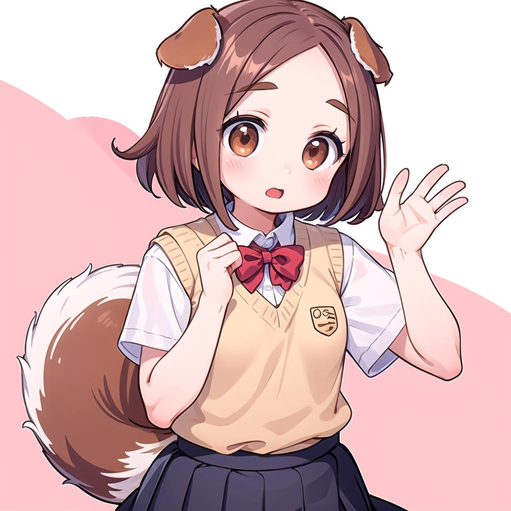 Anime girl with brown hair and a bow tie waving - SeaArt AI