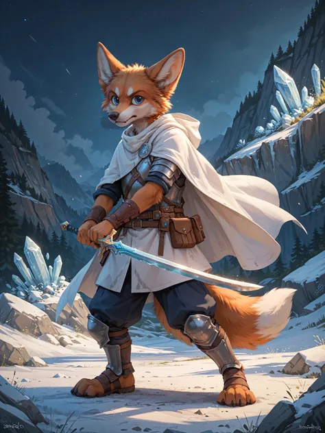 score_9_up,score_8_up,score_7_up,score_6_up,score_5_up,
BREAK
blotch, jacato, anthro , canine, male, young adult, orange fur, blue eyes, white muzzle, fluffy tail, determined expression, warrior, armor, white cloak, holding sword, standing pose, detailed fur, fantasy setting, high quality, full body shot,night, ice land
 <lora:Jacato_-_Art_Style-000007:1>,