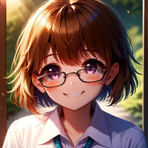 close-up face, glasses, shy, collared shirt, smile, young, Yua Mikami, shoolgirl, sidelocks, naive, cute, adorable cutie, yuri, 1girl, solo, blush, parted lips, friendly, polite, sidelighting, volumetric light, bokeh, light particles, kodak portra, color filter, moody colors , <lora:dalle3:1> score_9, score_8_up, score_7_up, score_6_up, score_5_up, score_4_up, source_anime