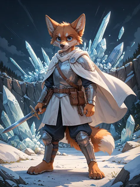 score_9_up,score_8_up,score_7_up,score_6_up,score_5_up, digital_media_(artwork), 
BREAK
blotch, jacato, anthro , canine, male, young adult, orange fur, blue eyes, white muzzle, fluffy tail, determined expression, warrior, armor, white cloak, holding sword, standing pose, detailed fur, fantasy setting, high quality, full body shot,night, ice land, detailed background, 
 <lora:Jacato_-_Art_Style-000007:1>,