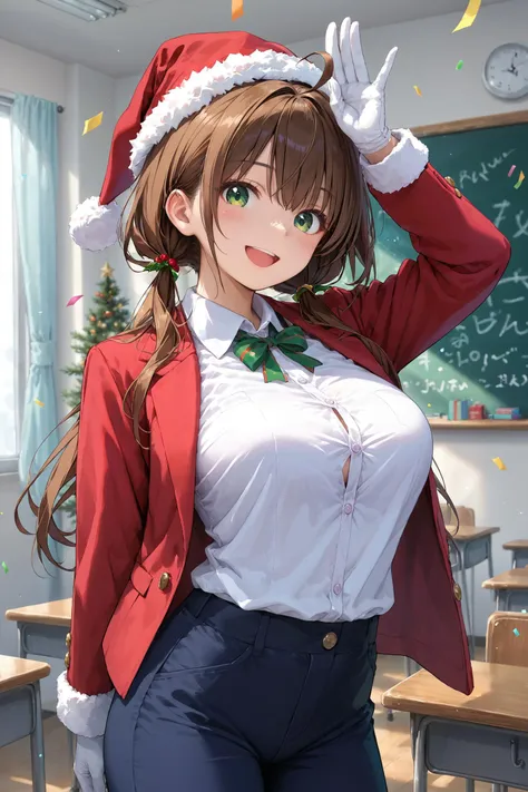 score_9, score_8_up, score_7_up, rating_safe, source_anime,
1girl,
brown hair, green eyes, twintails, long hair, santa hat, large breasts, detailed background, classroom, wing collar, white shirt, arm up, blurry, red jacket, blush, shirt, indoors, low twintails, upper body, ahoge, solo, artist name, gloves, jacket, hat, blazer, pants, buttons, blurry foreground, chalkboard, school uniform, open mouth, black pants, white gloves, smile, curtains, looking at viewer, confetti, breasts, window, :d, vibrant colors, holding, standing, collared shirt