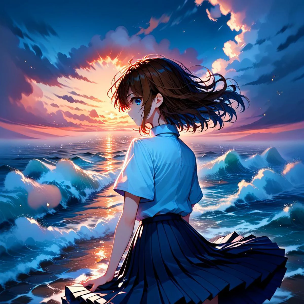 sea embankment, panoramic cityscape megalopolis, dystopian, wind, brunette, short twintails, sidelocks, shiny hair, floating hair, collared shirt, short sleeves, pleated skirt, thighhighs, looking back, cloudy sky, sunset, dust, fog, blue theme, white theme, adorable, yuri, 1girl, solo, delicate style, raytracing, light particles, volumetric lighting, dynamical pose angle, motion composition, moody colors , <lora:dalle3:1> score_9, score_8_up, score_7_up, score_6_up, score_5_up, score_4_up, source_anime
