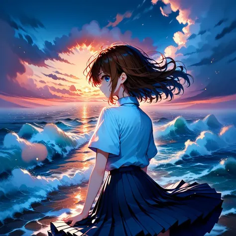 sea embankment, panoramic cityscape megalopolis,  dystopian, wind, brunette, short twintails, sidelocks, shiny hair, floating hair, collared shirt, short sleeves, pleated skirt, thighhighs, looking back, cloudy sky, sunset, dust, fog, blue theme, white theme, adorable, yuri, 1girl, solo, delicate style, raytracing, light particles, volumetric lighting, dynamical pose angle, motion composition, moody colors , <lora:dalle3:1> score_9, score_8_up, score_7_up, score_6_up, score_5_up, score_4_up, source_anime