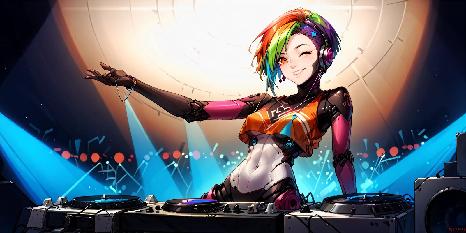 source_anime, robot skin, score_9, score_8_up, score_7_up, score_6_up, robot girl, android, colorful outfit, overhang, svelte, rainbow hair, pixie cut, robot joints, freckles, petite, android girl, joints, blushing, earphones, dj, turntable, neon lights, lasers, music, smiling, dancing, cute, attitude, leds, lights, midriff, navel, sexy, (underboob:0.8), nipple bumps,
masterpiece, 8k, highly detailed, dynamic, dynamic lighting, cinematic lighting, intricate,
SimplePositiveXLv2, <lora:RobotSkin_Pony_v1.05:1> <lora:coffeekite:1> <lora:intricate_details:0.8> intricate_details_xl, intricate detailsxl, detailed, high detailed, intricate details, many details, more details <lora:overhang:1> , <lora:DetailedEyes_V3:0.8> detailed eyes, detailed face, nsfw