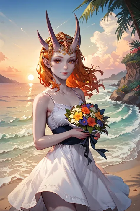 score_9, score_8_up, score_7_up, score_6_up
<lora:BGMizora:1.0>
BGMizora, 1girl, orange hair, horns, grey skin, hair ornament, pointy ears, looking at viewer, on a beach during a vibrant sunset, sundress, playing with the waves, Holding a bouquet of flowers