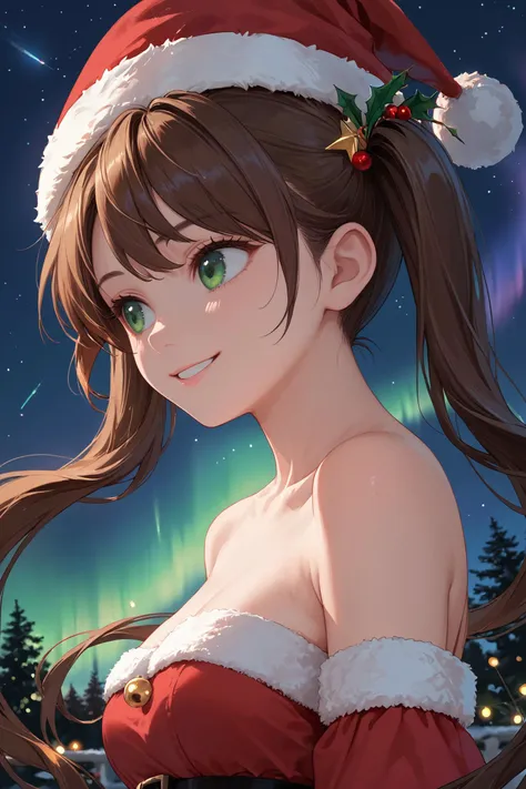 score_9, score_8_up, score_7_up, source_anime, night sky, shooting star, northern lights, aurora,  stars, close up, face, looking away, smile,
BREAK, 1girl, green eyes, close up, brown hair, santa hat, twintails, long twintails, red dress, exposed shoulders, breasts,