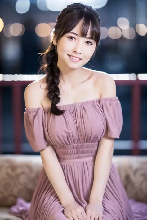 1girl, (wearing a an off-the-shoulder dress:1.4),(RAW photo, best quality), (realistic, photo-realistic:1.4), masterpiece, an extremely delicate and beautiful, extremely detailed, 2k wallpaper, Amazing, finely detail, extremely detailed CG unity 8k wallpaper, ultra-detailed, highres, soft light, beautiful detailed girl, extremely detailed eyes and face, beautiful detailed nose, beautiful detailed eyes,(cinematic lighting:0.8),(in the city at night:1.8),perfect anatomy,slender body,smiling,(young girl:1.6),(close up:1.2),(look at viewer),(front view:1.4),cinematic angle,(cleavage:1.2),(wavy long hair),(brown eyes:1.6), <lora:matsunagaakane_lora-01:0.8>