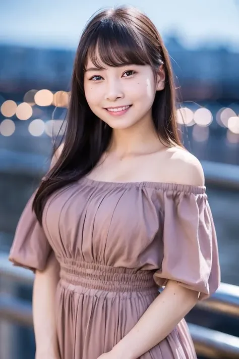 1girl, (wearing a an off-the-shoulder dress:1.4),(RAW photo, best quality), (realistic, photo-realistic:1.4), masterpiece, an extremely delicate and beautiful, extremely detailed, 2k wallpaper, Amazing, finely detail, extremely detailed CG unity 8k wallpaper, ultra-detailed, highres, soft light, beautiful detailed girl, extremely detailed eyes and face, beautiful detailed nose, beautiful detailed eyes,(cinematic lighting:0.8),(in the city at night:1.8),(night city view:0.8),perfect anatomy,slender body,smiling,(young girl:1.6),(close up:1.2),(look at viewer),(front view:1.4),cinematic angle,(cleavage:1.2),(wavy long hair),(brown eyes:1.6),  <lora:matsunagaakane_lora-01:0.8>