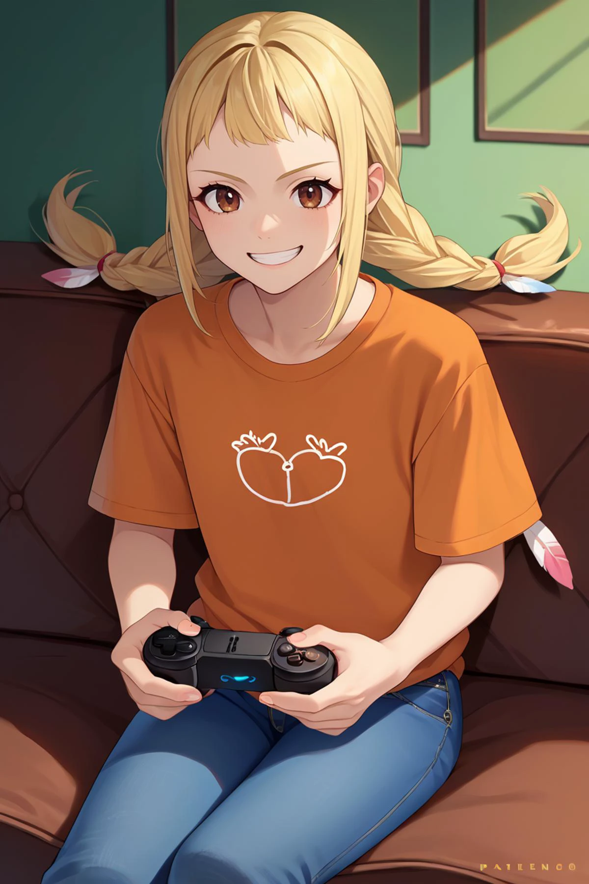 score_9, score_8_up, score_7_up, score_6_up, source_anime, BREAK 1girl, solo, <lora:penelo-pdxl-nvwls-v1-000005:1> defPenelo, blonde hair, brown eyes, twin braids, orange t-shirt, jeans, sitting on couch, grin, holding game controller