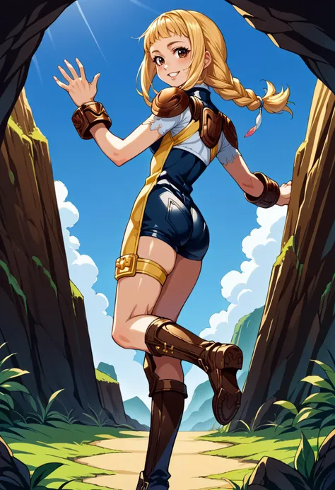 score_9, score_7_up, source_anime, BREAK <lora:penelo-pdxl-nvwls-v1:0.9> defPenelo, blonde hair, brown eyes, twin braids, bodysuit, shoulder pads, thigh straps, brown boots, bracelets, smile, twisted torso, hands up, standing on one leg, looking back,