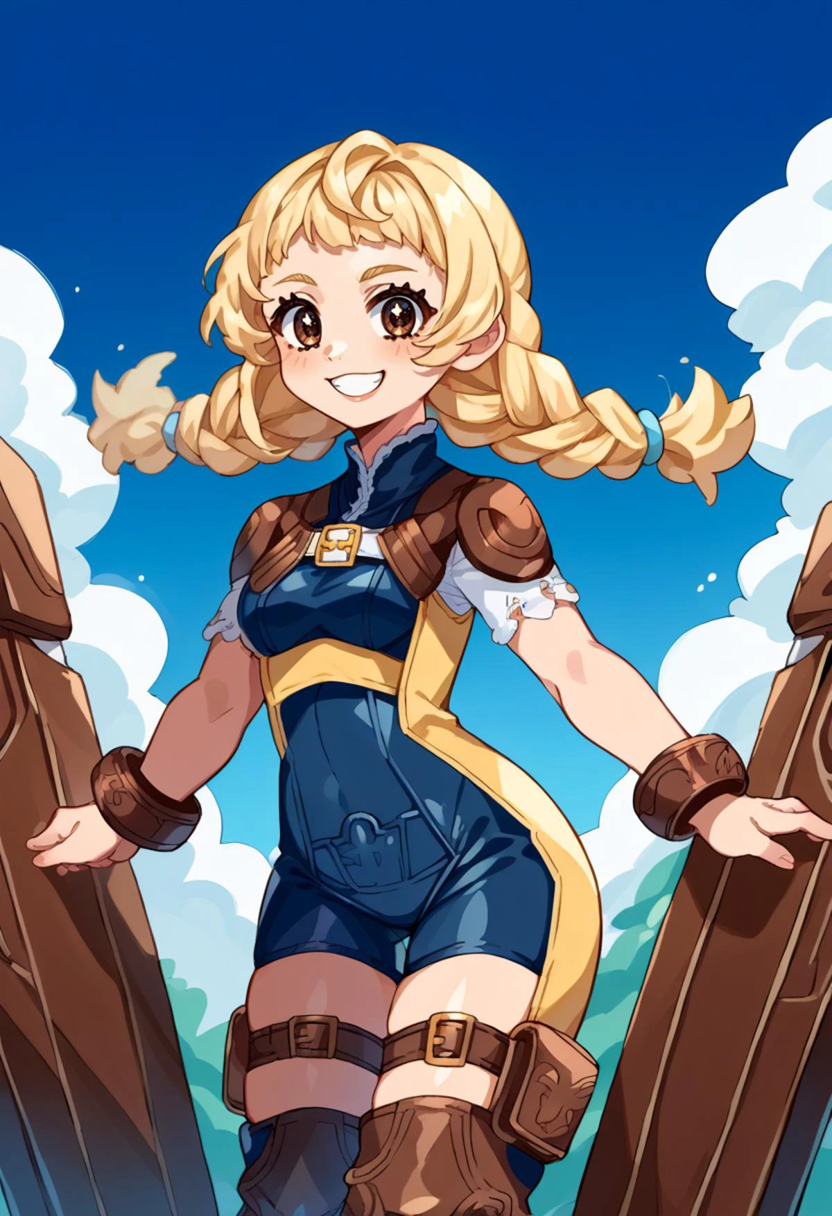 score_9, score_7_up, source_anime, BREAK <lora:penelo-pdxl-nvwls-v1:0.9> defPenelo, blonde hair, brown eyes, twin braids, bodysuit, shoulder pads, thigh straps, brown boots, bracelets, smile, arched back, <lora:Momoiiroo_Art_Style_PonyXL:1> momoiiroo, blue sky,