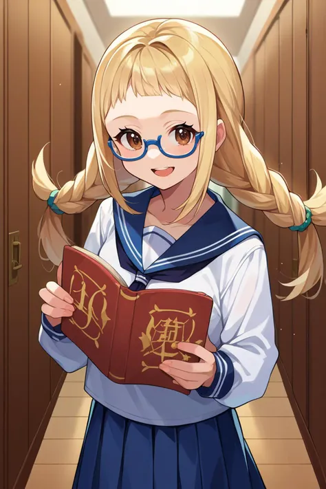 score_9, score_8_up, score_7_up, score_6_up, source_anime, BREAK 1girl, solo, <lora:penelo-pdxl-nvwls-v1-000005:1> defPenelo, blonde hair, brown eyes, twin braids, serafuku, white shirt, blue sailor collar, blue skirt, pleated skirt, glasses, smile, holding book, happy, open mouth, hallway, looking at you