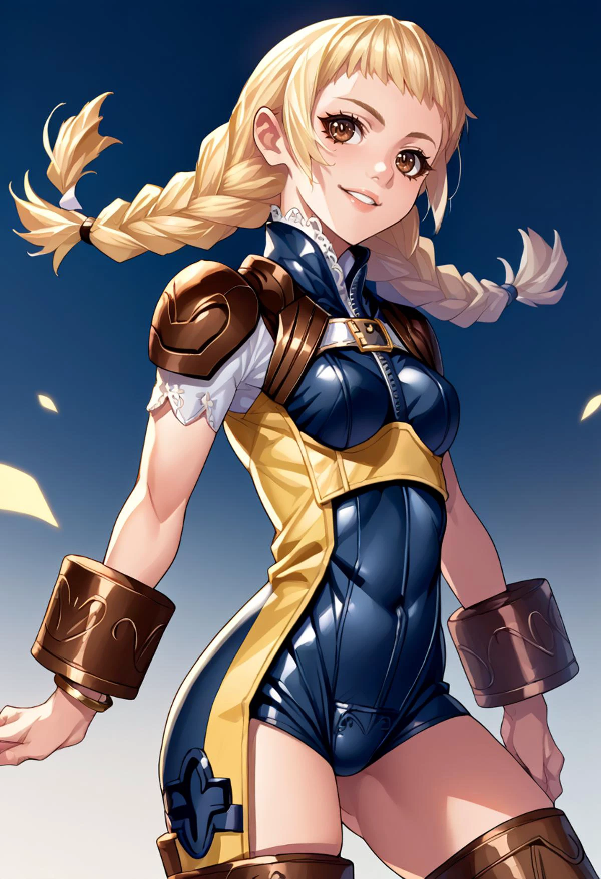 score_9, score_7_up, source_anime, BREAK <lora:Ban!_(bansankan)_PonyXL_style_v01:1> <lora:penelo-pdxl-nvwls-v1:0.9> defPenelo, blonde hair, brown eyes, twin braids, bodysuit, shoulder pads, thigh straps, brown boots, bracelets, smile, arched back,