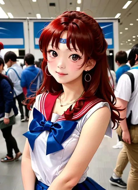 koshigaya_natsumi, 1 girl, highres, high quality, high detail, (wearing sailor moon cosplay), at an anime convention, detailed background, (intricate details, hyperdetailed:1.15)