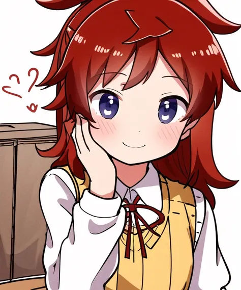 masterpiece, best quality, 4K, a dark painting of 1girl, blush, closed_mouth, dated, eyebrows_visible_through_hair, hand_on_own_cheek, hand_on_own_face, long_sleeves, looking_at_viewer, neck_ribbon, ponytail, red_ribbon, ribbon, school_desk, school_uniform, shirt, signature, simple_background, smile, solo, sweater_vest, upper_body, white_background, white_ribbon, white_shirt, <hypernet:koshigaya natsumi:1>