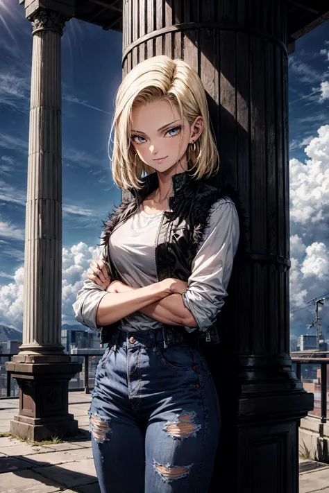 absurdres, (best quality), (masterpiece),(ultra-detailed:1.2),ultra high res,
1girl, smirk,
<lora:Android18DB:0.9> ,Android18DB,earrings,
white shirt,jeans,black vest,open jacket,
crossed arms,
girl standing next to the pillar,sky,clouds,
<lora:flat2:-0.5> ,
<lora:LowRa:0.3> ,