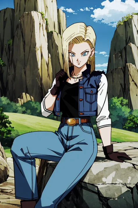 masterpiece, best quality, ultra-detailed, absurdres, Portrait of beautiful Android18DB, solo, earrings, jewelry, denim, smile, belt, vest, cloud, sky, day, pants, outdoors, gloves, necklace, jeans, rock, sitting, sitting_on_rock, volumetric lighting, best quality, masterpiece, intricate details, tonemapping, <lora:Android18DB:1>, <lora:dbsuper_style_offset:1>
