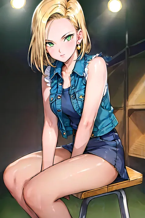 Best quality, masterpiece, ultra high res, (photorealistic:1.4), 1girl, beautiful lighting,
android18db sitting on stage edge, green eyes, short hair, denim vest, short skirt, <lora:perfectpantyhose:0.7>, <lora:Android18DB:1>, large earring, (hands at private part:0.8)