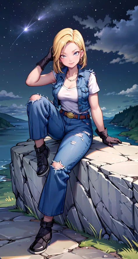 (masterpiece),(intricate details),1girl,young girl,happy smile,large breasts:1.3,golden hair
BREAK
<lora:Android18DB:1>earrings, jewelry, denim, smile, belt, vest, cloud, sky, day, pants, outdoors, gloves, necklace, jeans, rock, sitting, sitting_on_rock, volumetric lighting,Android18DB
BREAK
moon,night,meteor,((cumulonimbus)),from above:1.1, ((full body))