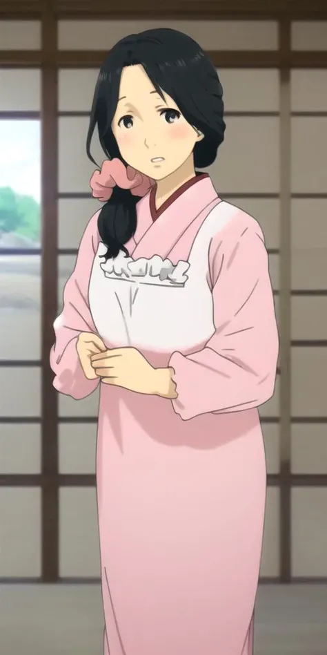 absolutely-impressive-lifelike-realistic, <lora:Handa Emi1687490509505015052:1> handa-emi, motherly, hair-scrunchie, pink-kimono, white-kappougi
