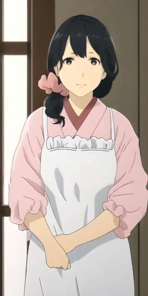 absolutely-impressive-lifelike-realistic, <lora:Handa Emi1687490509505015052:1> handa-emi, motherly, hair-scrunchie, pink-kimono, white-kappougi