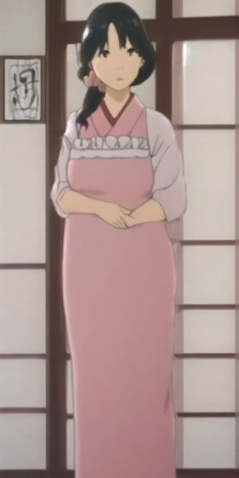 absolutely-impressive-lifelike-realistic, <lora:Handa Emi1687490509505015052:1> handa-emi, motherly, hair-scrunchie, pink-kimono, white-kappougi