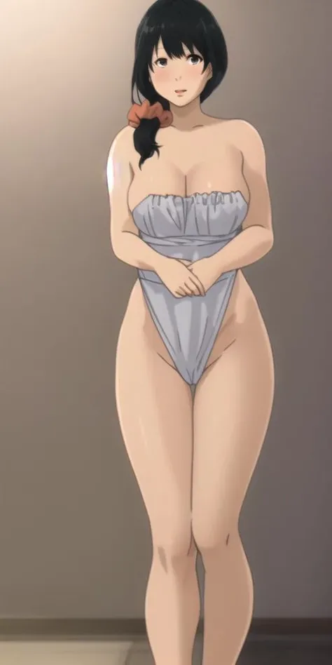 absolutely-impressive-lifelike-realistic, <lora:Handa Emi1687490509505015052:1> handa-emi, motherly, hair-scrunchie, half-naked, seductive