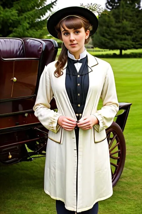 Photo of a beautiful 25 year old English woman,  wearing Edwardian clothing, bonnet, duster jacket, standing in front of aEdob1903WintonTouringCar, bokeh<lora:Edob1903WintonTouringCar_v1.0:.7>