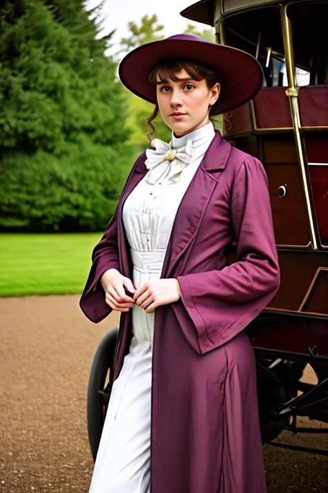 Photo of a beautiful 25 year old English woman,  wearing Edwardian clothing, bonnet, duster jacket, standing in front of aEdob1903WintonTouringCar, bokeh<lora:Edob1903WintonTouringCar_v1.0:.7>