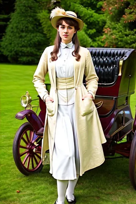 Photo of a beautiful 25 year old English woman,  wearing Edwardian clothing, bonnet, duster jacket, standing in front of aEdob1903WintonTouringCar, bokeh<lora:Edob1903WintonTouringCar_v1.0:.7>