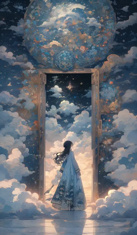 pearlygates, 1girl, solo, dress, standing, hat, door, short hair, blue dress, wide shot <lora:pearlygates:1>