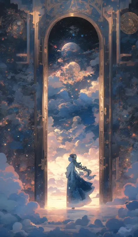 pearlygates, no humans, solo, moon, short hair, scenery, standing, tower, clock, night, night sky, black hair, full moon <lora:pearlygates:1>