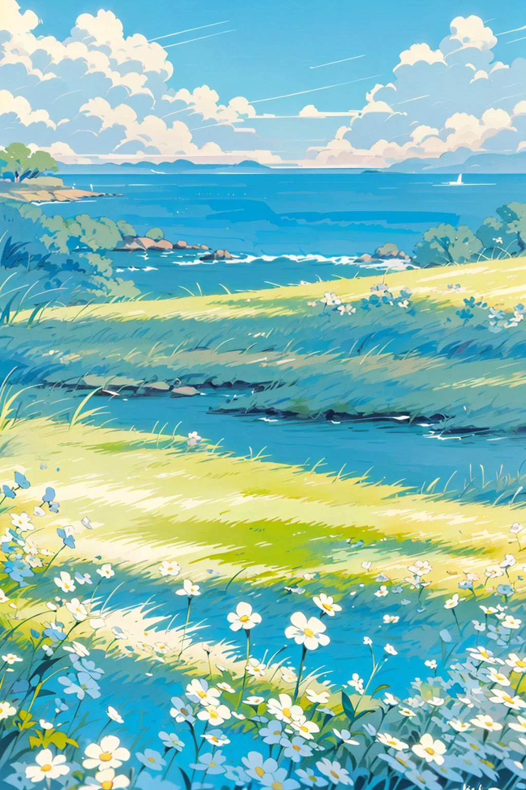 outdoors, flower, scenery, day, white flower, sky, ocean, tree, water, blue sky, grass, solo, standing, field, yellow flower, wide shot<lora:Flower field_20230729165144:0.78>