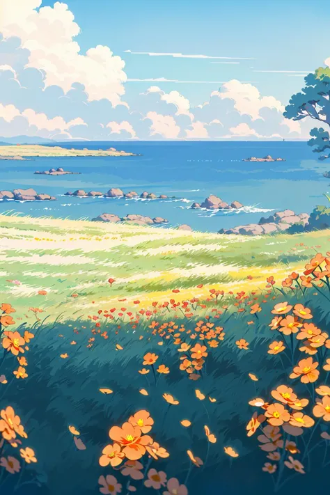 outdoors, flower, scenery, day, white flower, sky, ocean, tree, water, blue sky, grass, solo, standing, field, yellow flower, wide shot<lora:Flower field_20230729165144:0.78>