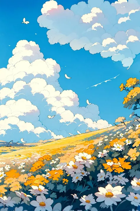 no humans, flower, cloud, sky, outdoors, day, pokemon (creature), blue sky, white flower, tree, leaf<lora:Flower field_20230729165144:0.78>