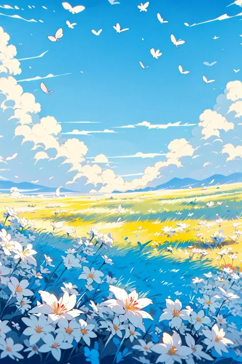 no humans, flower, cloud, sky, outdoors, day, pokemon (creature), blue sky, white flower, tree, leaf<lora:Flower field_20230729165144:0.78>