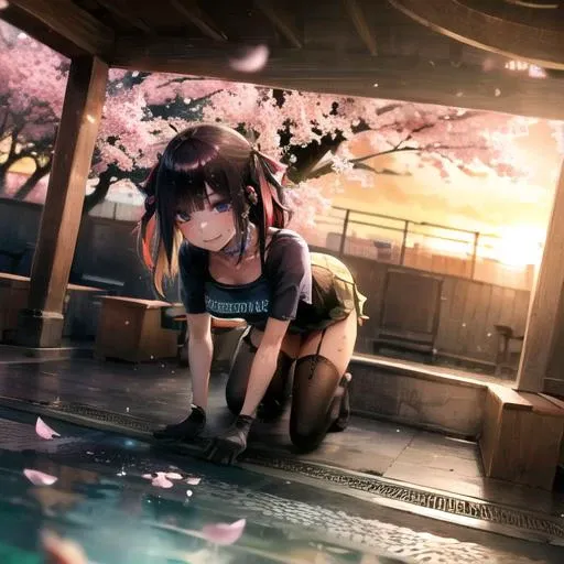 1girl,whole body,(full body:1.1),solo,smile,(Front:1.1),(Look at the audience:1.1),long hair,hair ornament,holding,mole,petals,ribbon,hair ribbon,breasts,closed mouth,gloves,short sleeves,collarbone,choker,cherry blossoms,sidelocks,black gloves,8k,Ultra HD,side-tie panties,clothes lift,cinematic lighting,ray tracing,(Sunset:1.1),(beautiful detailed water:1.1),(Shrine:1.1),neon palette,motion blur,vignetting,chiaroscuro,game cg,(Movie quality:1.1),(Exquisite skin:1.1),(pretty face:1.1),(projected inset:1.1),(crop top:1.1),(pleated skirt:1.1),(fine fabric emphasis:1.1),garters,(Colorful Highlights:1.1),(Gradient Hair:1.1),<lora:msw_locon:1>,<lyco:二乃:1>,(Cool text:1.1),Thick coating style,anaglyph,doujin cover,logo,album cover,