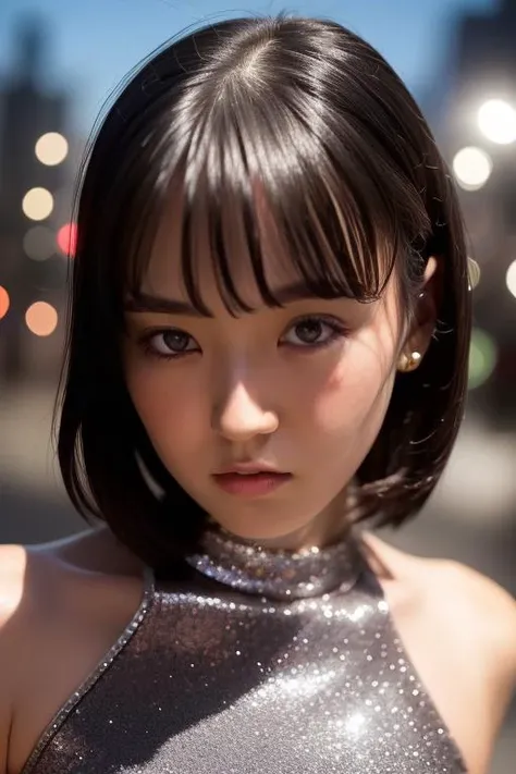 1girl,(wearing a sleeveless glittery evening dress),(RAW photo, best quality), (realistic, photo-realistic:1.4), masterpiece, an extremely delicate and beautiful, extremely detailed, 2k wallpaper, Amazing, finely detail, extremely detailed CG unity 8k wallpaper, ultra-detailed, highres, soft light, beautiful detailed girl, extremely detailed eyes and face, beautiful detailed nose, beautiful detailed eyes,cinematic lighting,city lights at night,perfect anatomy,slender body, <lora:tomiokaai_lora:0.8>black hair