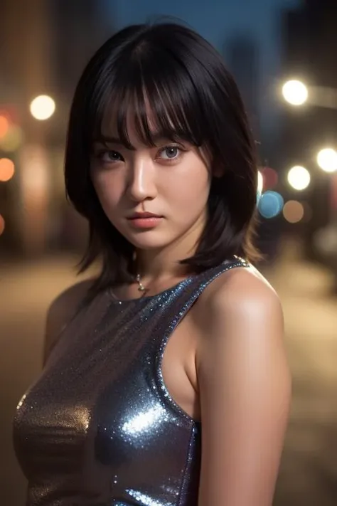 1 Girl, Tokyo Street,night, Streetscape,City lights,Upper Body,close,smile,, (8K, Raw photo, highest quality, masterpiece:1.2),(Realistic, photo-Realistic:1.37),