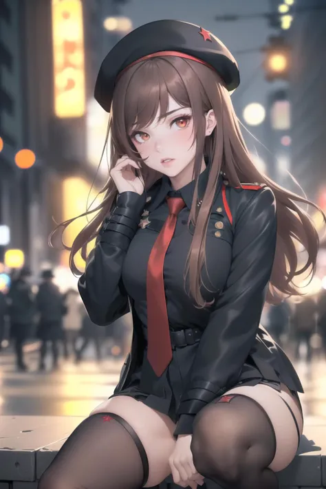 (best quality,absurd res:1.3),(illustration:1.1),perfect lighting,beautiful face,1girl,(bokeh photography:1.1),night city,hip focus,squat,wide hip,legs spread,face palm,
<lora:rapi by goofy ai:1> rapi nikke, red eyes, long hair, brown hair, black leotad,beret,black hat,red necktie, black jacket, Black stockings,