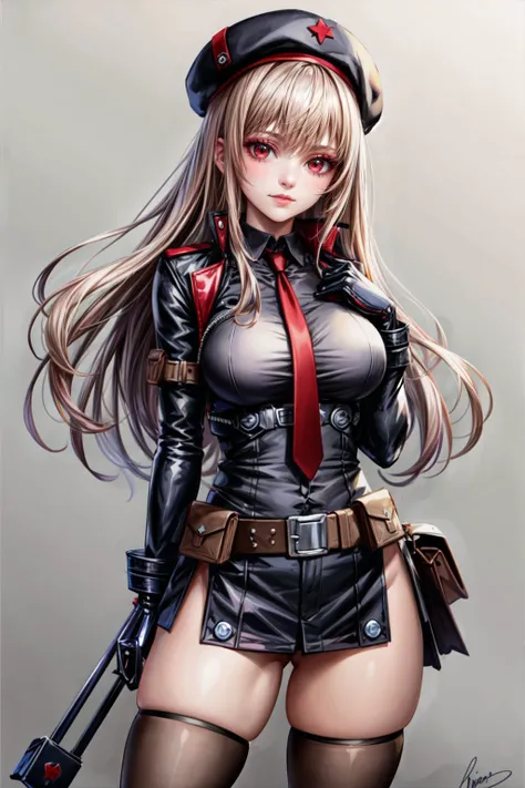 1girl, rapi nikke, belt pouch, hat, red eyes, brown hair, black headwear, simple background, red necktie, beret, closed mouth, cropped jacket, looking at viewer, choker, gloves, necktie, black thighhighs, red gloves, thighs, jacket, standing, brown thighhighs, open jacket, black jacket, pouch, ammunition belt, thighhighs, open clothes, black leotard, solo, long hair, 1girl, white background, belt, signature, cowboy shot, black choker, red eyes, large breasts, long sleeves, leotard, short smile, (makeup), long eyelashes, (standing straight-on:1.2), cowboy shot, realistic skin texture, outdoors, city scape, futuristic, beautiful and detailed artwork,  <lora:add_detail:0.5> <lora:more_details:0.5>  <lora:rapi by goofy ai:1>